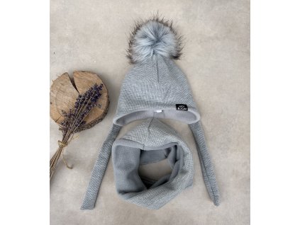 čepice ušanka vafle šedá bambule šedá