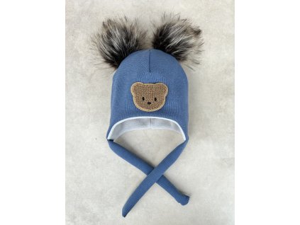 čepice ušanka vafle Little Bear blue dvě bambule