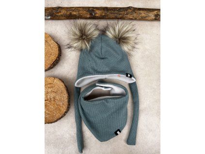 čepice ušanka vafle dusty mint dvě bambule