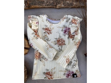 Dívčí tričko žebrované s volánky pivoňky na vanilce s dlouhým rukávem