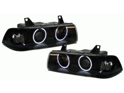 BMW E36 predné čierne svetlá so silnými bielymi krúžkami...