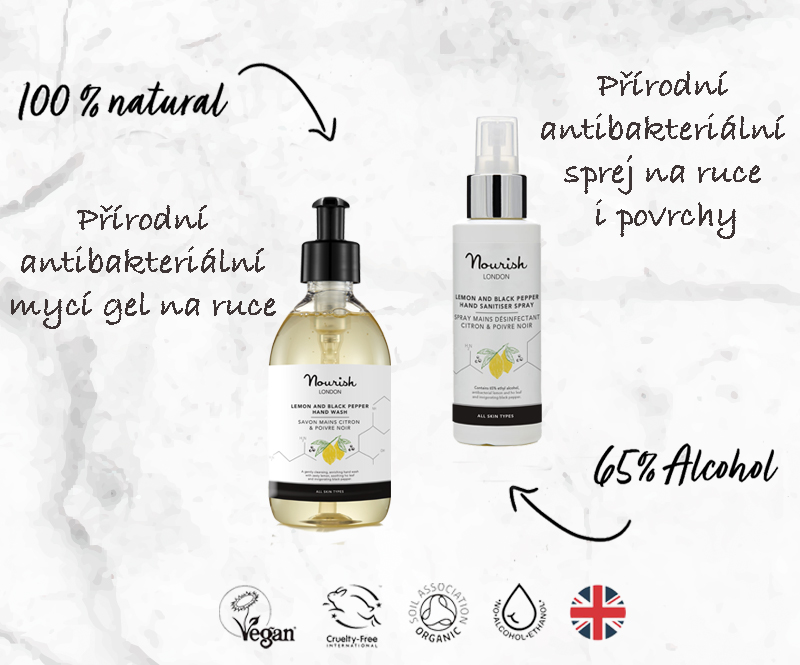 Přírodní antibakteriální mycí gel na ruce a přírodní antibakteriální sprej na ruce i povrchy