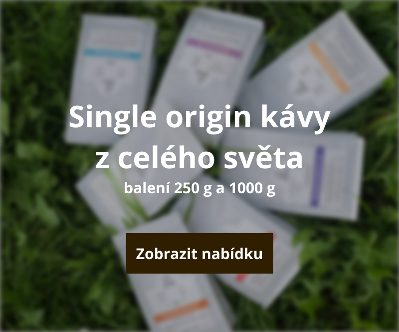 Nabídka single-origin káv z celého světa s tlačítkem 'Ukázat nabídku' na seznam produktů