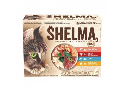 SHELMA Cat kuřecí, hovězí, losos a treska, kapsa 85 g  XXL (48 pack)