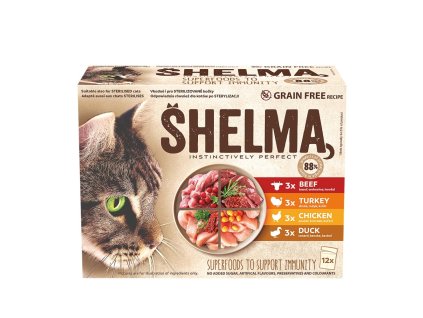 SHELMA Cat kuřecí, hovězí, kachní a krůtí, kapsa 85 g XXL (48 pack)