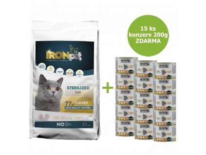 IRONpet Cat Sterilized Turkey (Krůta) 12 kg + 15 konzerv ZDARMA