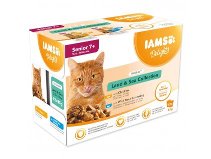 Kapsička IAMS Delights Senior mořské a suchozemské maso v omáčce 1020g (12x85g)
