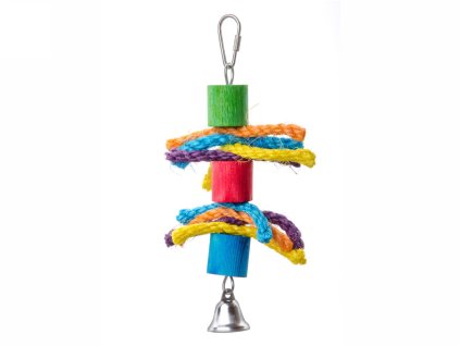 dřevěné válce s provázky, dřevěná hračka pro papušky