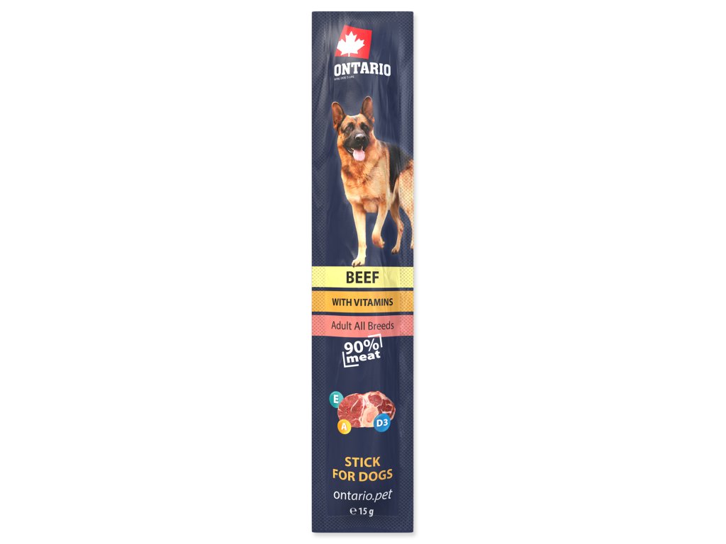 49176 1 stick ontario for dogs beef 15g z kategorie chovatelske potreby a krmiva pro psy pamlsky pro psy tycinky salamky pro psy