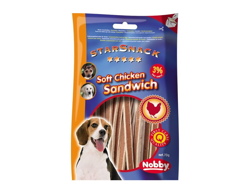 1776 3 nobby starsnack soft chicken sandwich pamlsky kure ryba 70g z kategorie chovatelske potreby a krmiva pro psy pamlsky pro psy tycinky salamky pro psy