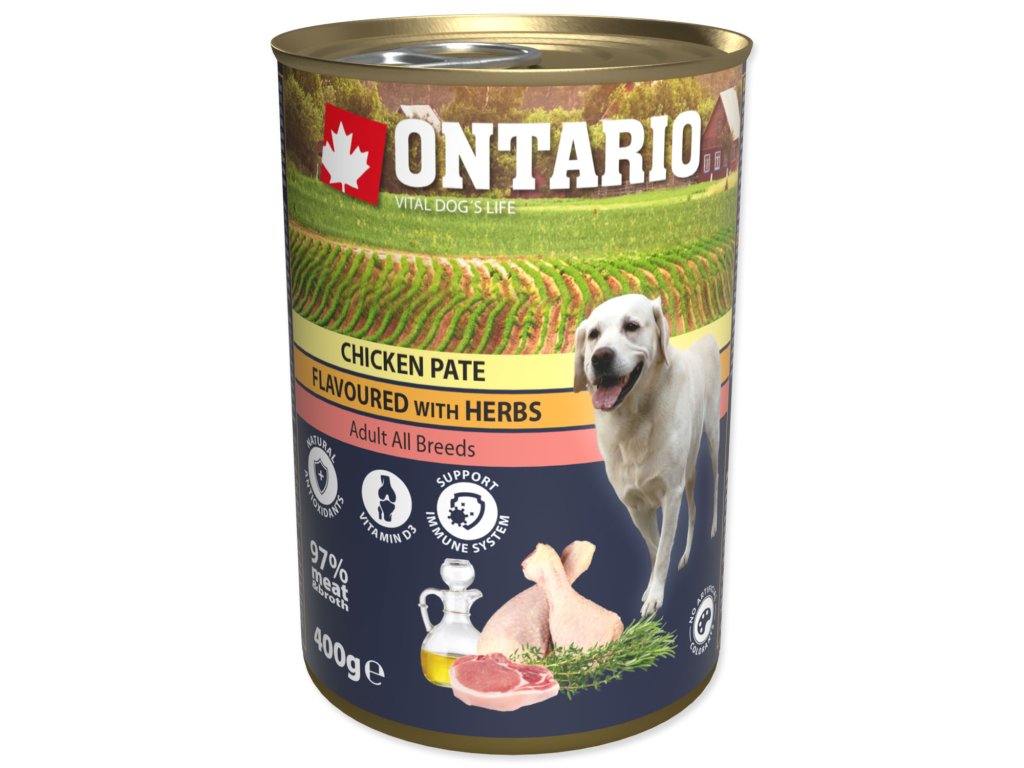 49014 1 konzerva ontario chicken pate flavoured with herbs 400 g z kategorie chovatelske potreby a krmiva pro psy krmiva pro psy konzervy pro psy