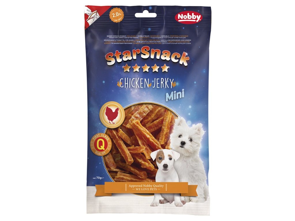 25803 1 nobby starsnack mini jerky pamlsek kureci platky 70g z kategorie chovatelske potreby a krmiva pro psy pamlsky pro psy susena masicka pro psy