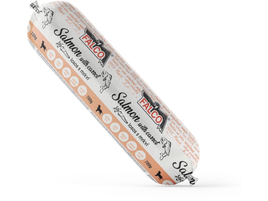 59489 falco salam losos s mrkvi 700g z kategorie chovatelske potreby a krmiva pro psy krmiva pro psy salamky pro psy