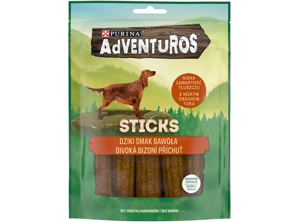 82626 purina adventuros sticks s bizoni prichuti 120g z kategorie chovatelske potreby a krmiva pro psy pamlsky pro psy tycinky salamky pro psy