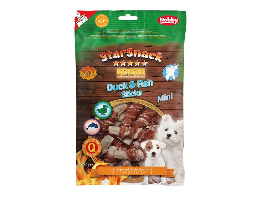 33594 2 nobby starsnack bbq mini duck fish stick pamlsky 130g z kategorie chovatelske potreby a krmiva pro psy pamlsky pro psy zvykaci pamlsky pro psy