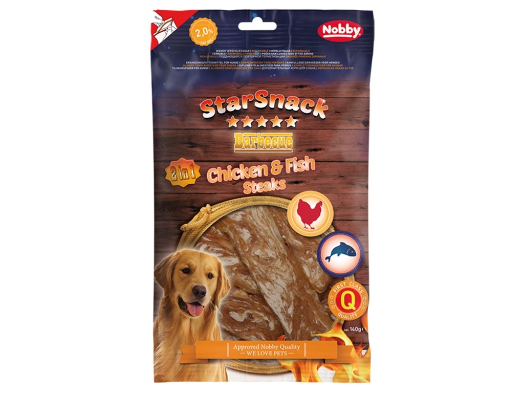 33624 2 nobby starsnack bbq chicken fish steak pamlsky 140g z kategorie chovatelske potreby a krmiva pro psy pamlsky pro psy susena masicka pro psy