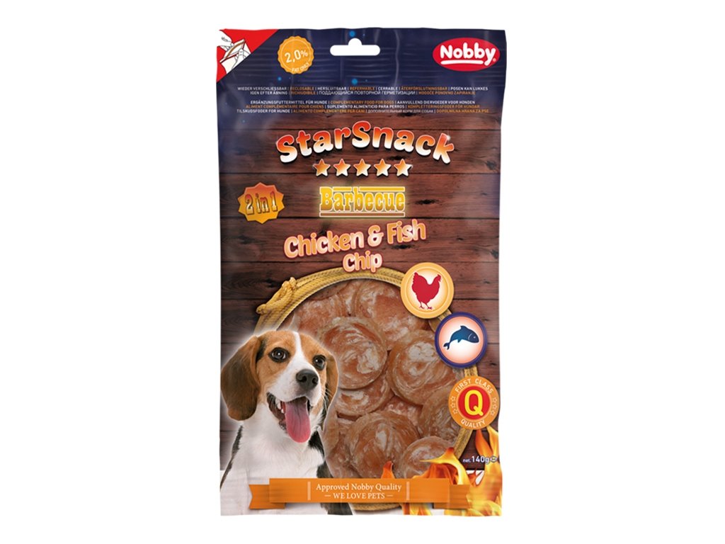 33630 2 nobby starsnack bbq chicken fish chip pamlsky 140g z kategorie chovatelske potreby a krmiva pro psy pamlsky pro psy susena masicka pro psy