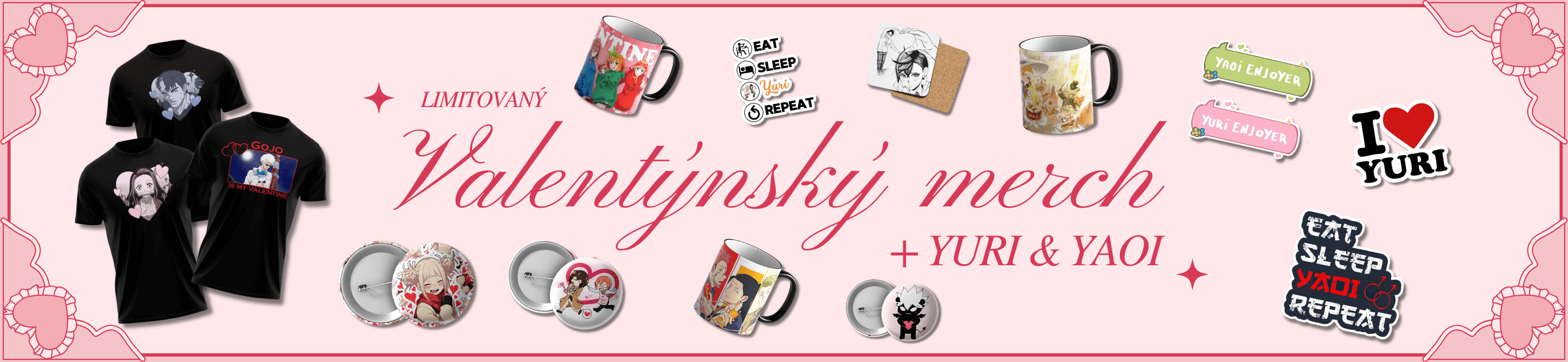 Valentýnský anime merch – hrnky, trička, placky a samolepky. Limitovaná nabídka dostupná pouze do 15. 2.
