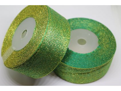 Brokátová stuha 38mm smaragdová zelená so zlatým brokátom