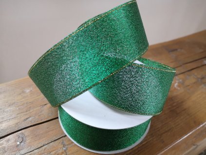 Brokátová stuha 38mm zelená so zlatým lemom