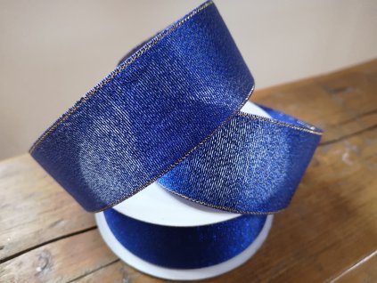 Brokátová stuha 38mm kobaltová modrá so zlatým lemom
