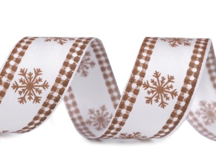 Vianočná stuha s drôtom bielo hnedá 40mm