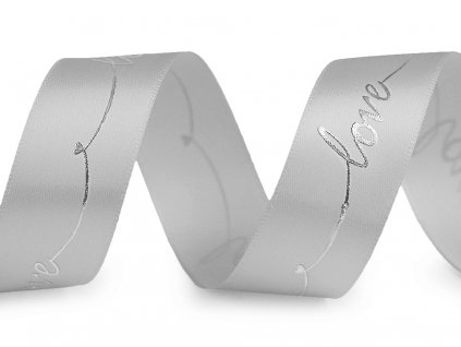 Saténová stuha s metalickou potlačou Love sivá 26mm
