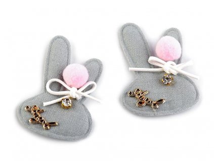 Textilná aplikácia / nášivka zajac s kamienkom 45x62mm sivá