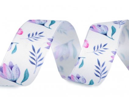 Saténová stuha s kvetmi fialová 25mm