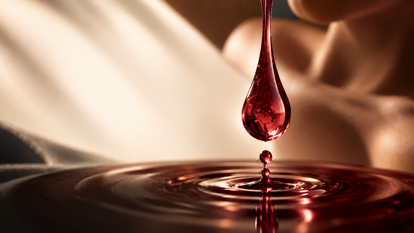 Ruby-red drop above a liquid surface in warm light