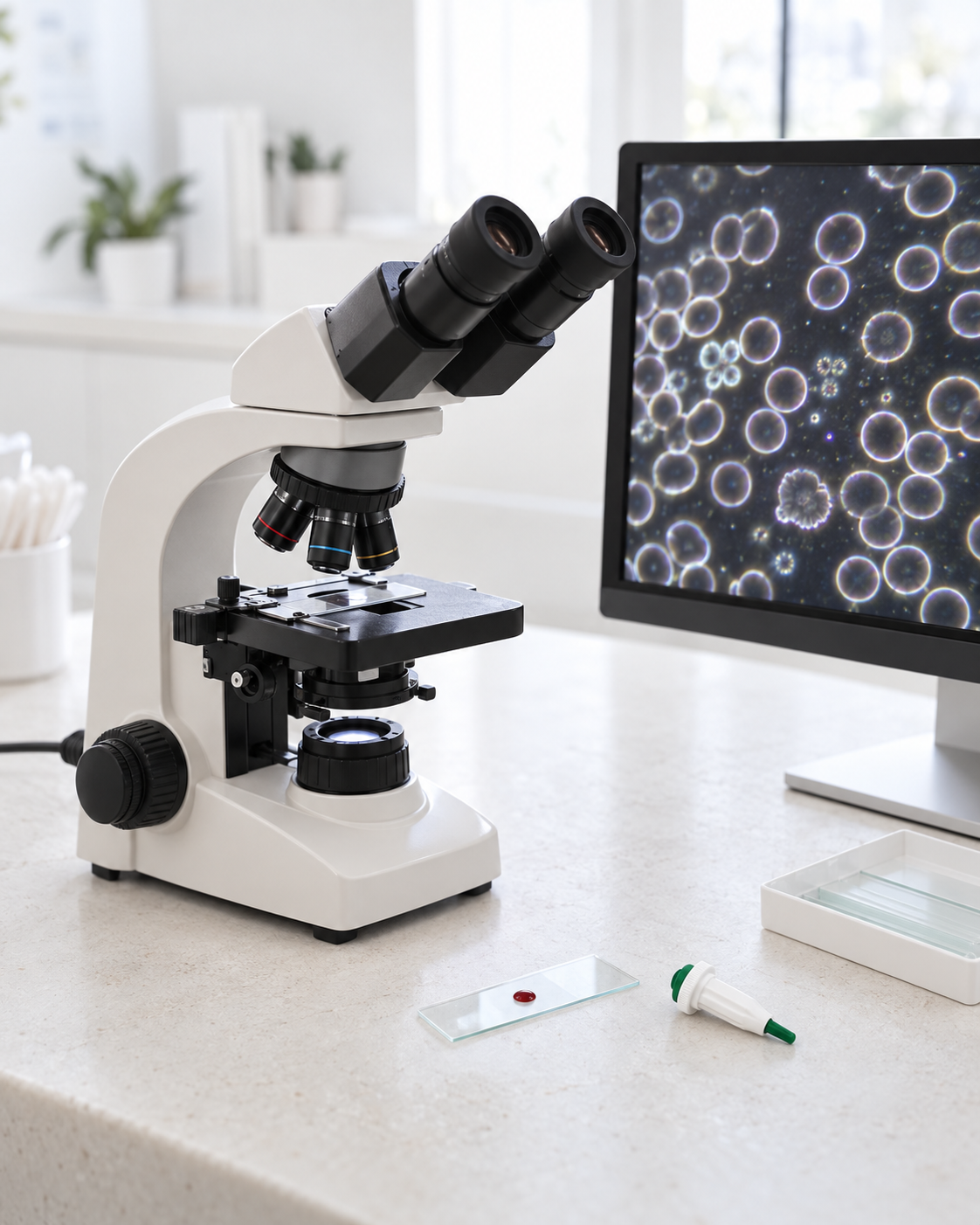 Illustrative photograph of a microscope and a screen showing a sample