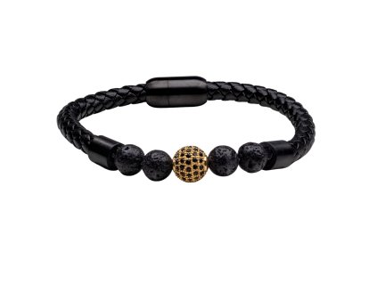 Noblesní pánský náramek z černé kůže s lávovými kuličkami, Swarovski krystalem a pozlacenou kuličkou