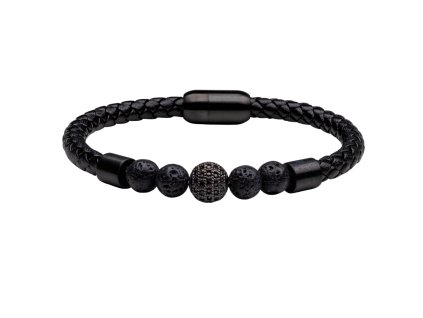 Noblesní pánský náramek z černé kůže s lávovými kuličkami, Swarovski krystalem a černou kuličkou z oceli