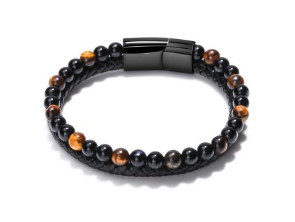 Pánský dvouřadý trendy náramek z černé kůže s achátem a rodonitem