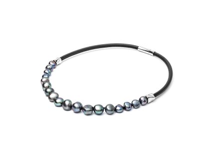 Elegantní náhrdelník z multicolor barokních perel a černé kůže s ocelovými prvky
