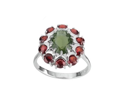 Stříbrný oválný prsten s Vltavínem a Granátem