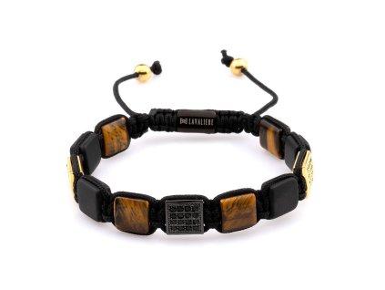 Pánský náramek shamballa z tygřího oka, metal gun a pozlacené oceli se zirkony.