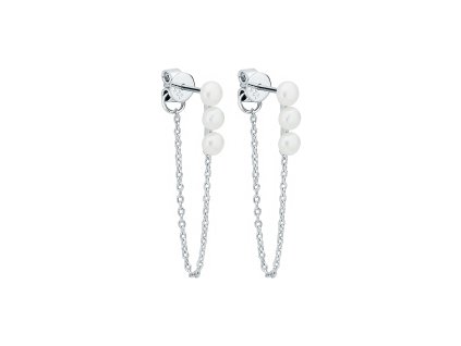 Moderní stříbrné visací náušnice s bílými perlami a řetízkem