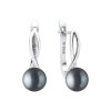 Dámské visací náušnice z rhodiovaného stříbra s černou perlou v moderním designu