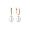 Minimalistické visací náušnice z růžového zlata s bílou sladkovodní rice perlou