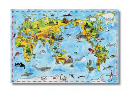 Pohľadnica - Mapa sveta zvieratá