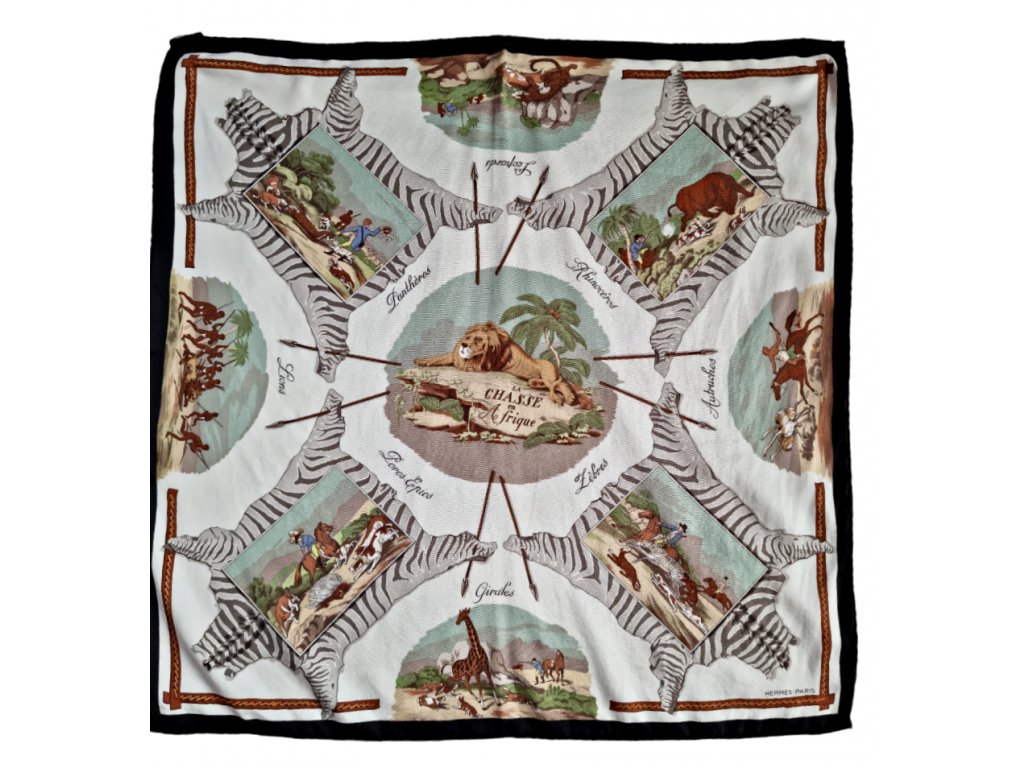 1. Starožitná móda retro móda starožitný šátek vintage starožitnosti starožitné šperky Antik Kureš antique jewellery antique scarf La Chasse en Afrique Hermés Paris