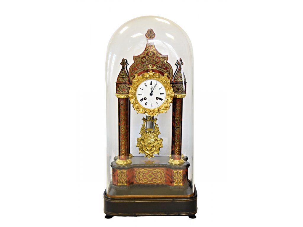 1. Katedrálové hodiny intarzované pod sklem de Boulle Antik Kureš starožitné hodiny antique clock