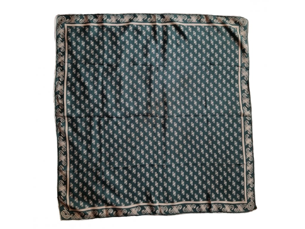 1. Starožitná móda retro móda starožitný šátek hedvábný šátek 50.léta zelený vzorovaný vintage starožitnosti starožitné šperky Antik Kureš vintage scarf Jaeger