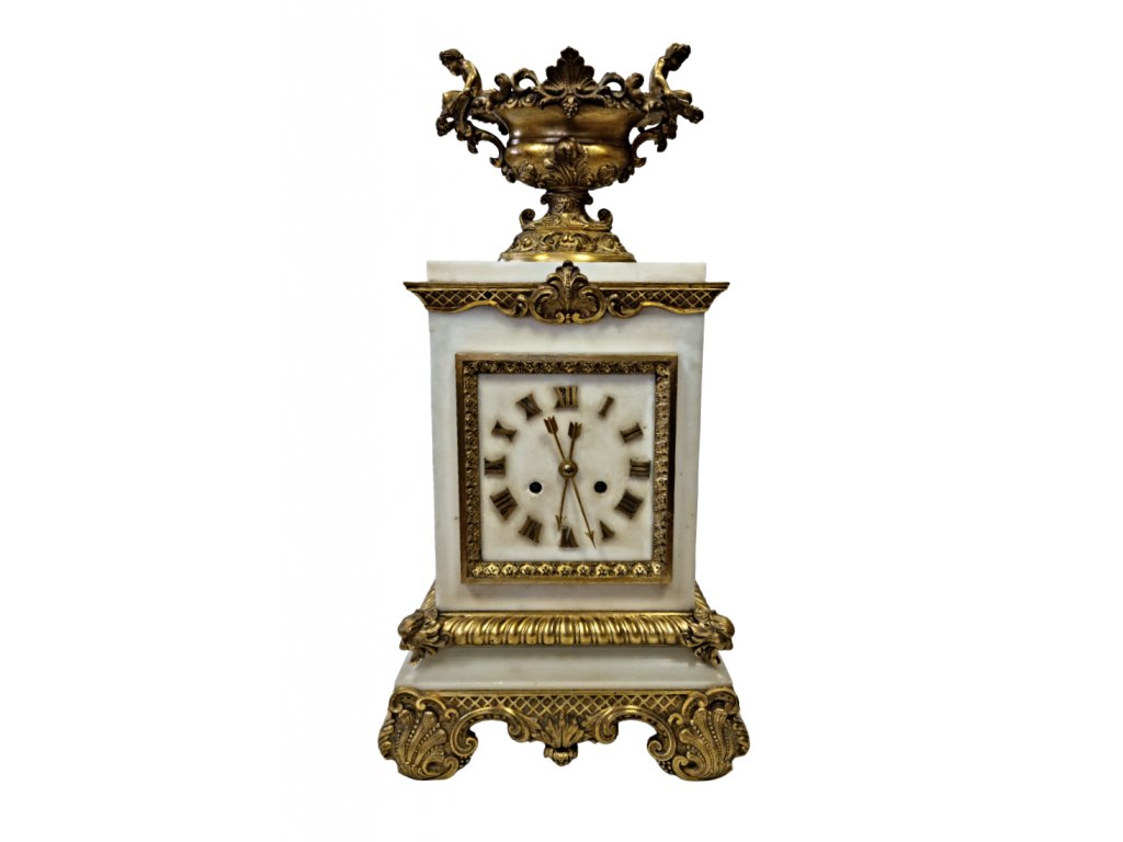 Alabastrové hodiny s bronzovou žardiniérou Antik Kureš starožitné hodiny I.