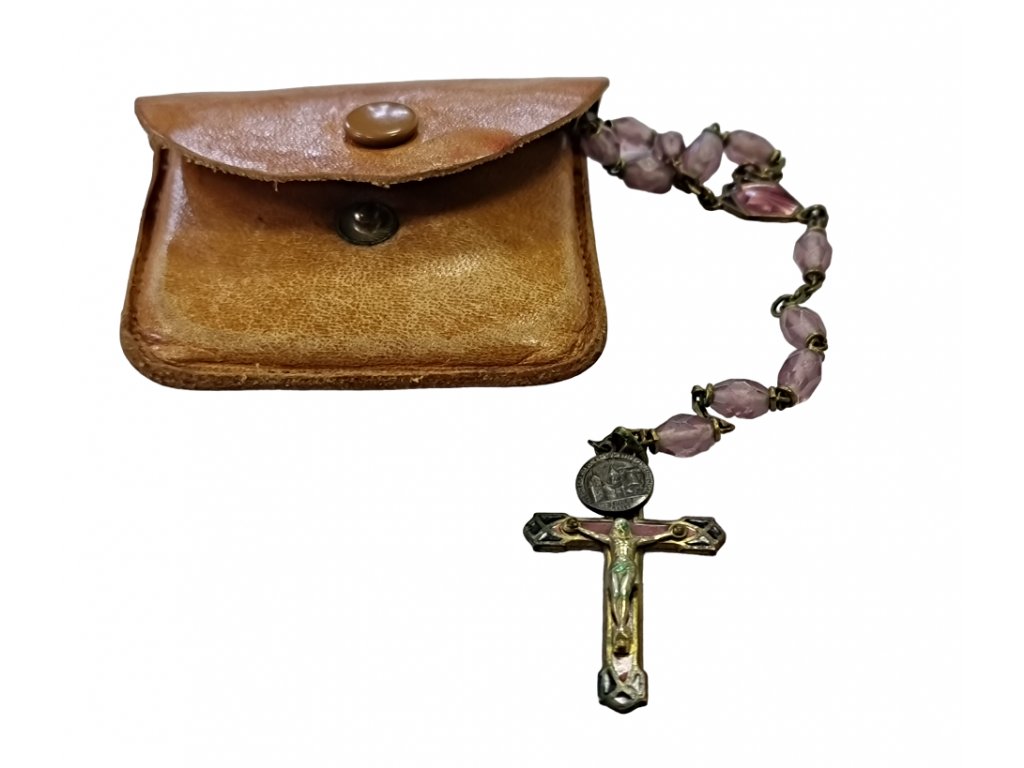 Růženec v kožené etui Antik Kureš kříž vintage starožitnosti I.