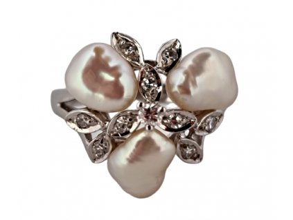Prsten bílé zlato perly diamanty Antik Kureš starožitné šperky I.