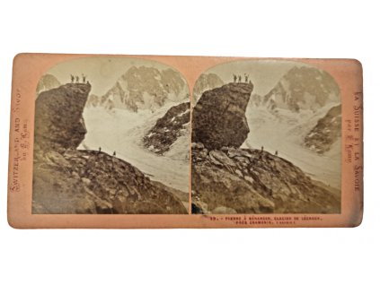 Stereo 3D pohlednice Švýcarsko lidé na skále filokartie starožitnosti Antik Kureš I.