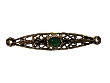 1. Podlouhlá mřížkovaná brož se zeleným kamenem starožitná brož starožitné šperky Antik Kureš antique brooche