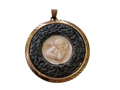 1. Kulatý přívěsek s andílkem andělíčkem starožitný přívěsek starožitné šperky Antik Kureš starožitnosti zlato starožitná bižuterie antique pendant gold angel